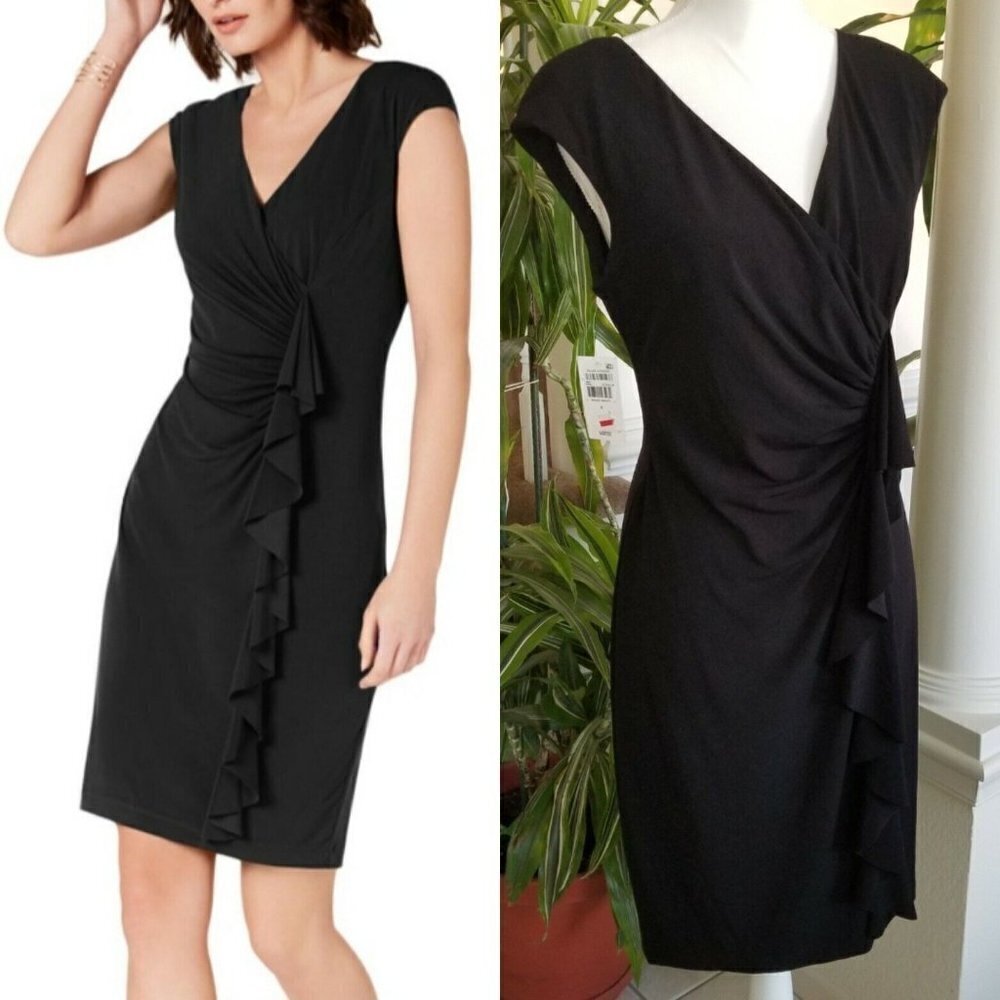 Connected Apparel Sz 6 Black Ruffled V-Neck Knee Length Dress Business Office